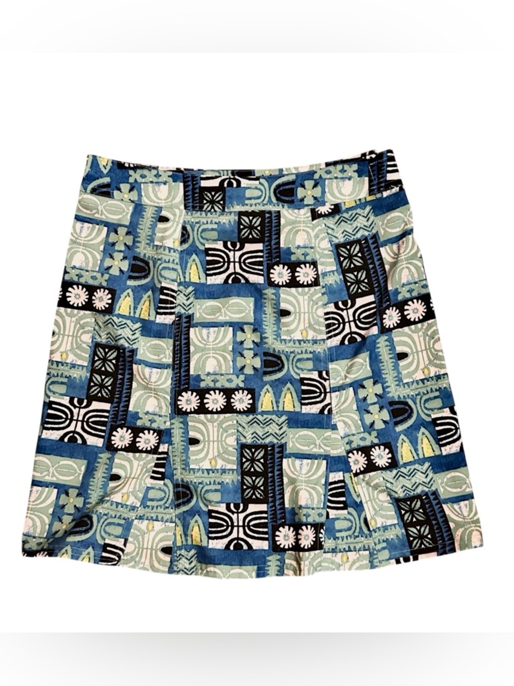 RipSkirt Hawaii wrap skirt in a blue geometric tapa print A- Line Skirt - Size S